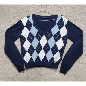 John Galt Sweater Womens M Blue Argyle Pullover Long Sleeve Golf Preppy Academia